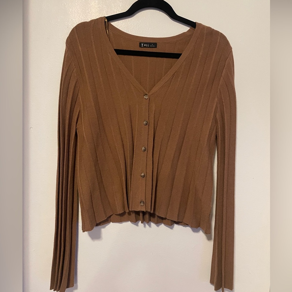 Very J Tan Pleated Knit Cardigan